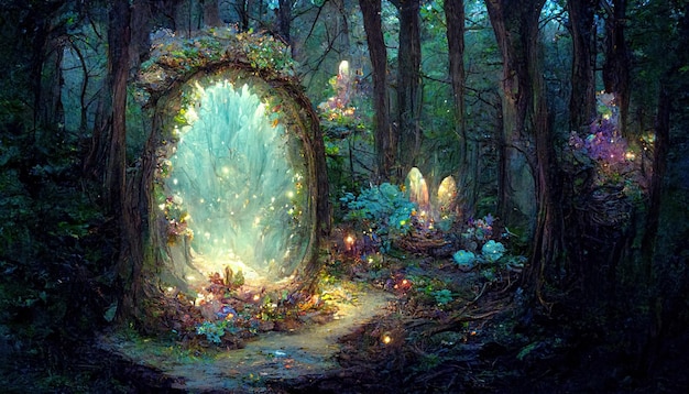 Fantasy magic portal in mystic fairy tale forest Fairy door to the parallel world 3D illustration