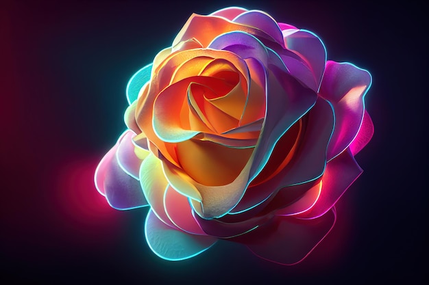 Фантастический волшебный темный фон с волшебным отражением цветка розы неоновым светом на краю