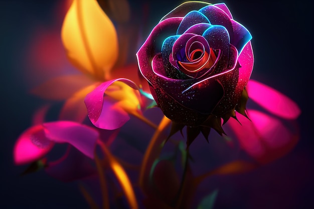 Fantasy magical dark background with magic rose flower reflection neon light on edge