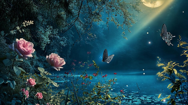 Photo fantasy magical enchanted fairy tale landscape with forest lake generative ai