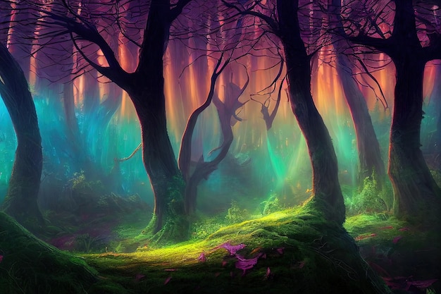 Foto fantasia magica fiaba foresta raggi di luce al neon al tramonto attraverso gli alberi pittura d'arte digitale