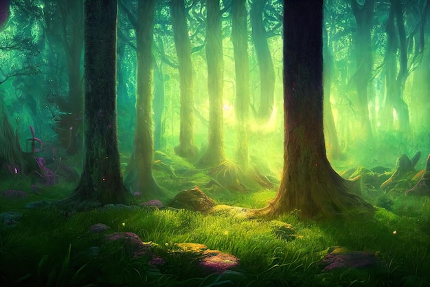 Fantasy magical fairy tale forest neon sunset rays of light\
through the trees digital art painting