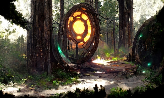 Fantasy Magical fairytale portal in the forest Round stone portal teleport in trees to other worlds Fantastic landscape Magic Altar in the forest