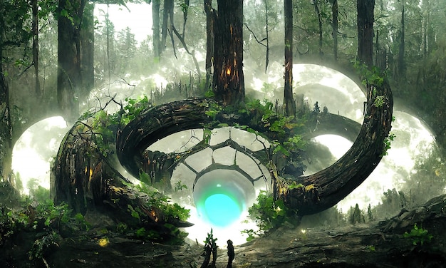 Fantasy Magical fairytale portal in the forest Round stone portal teleport in trees to other worlds Fantastic landscape Magic Altar in the forest