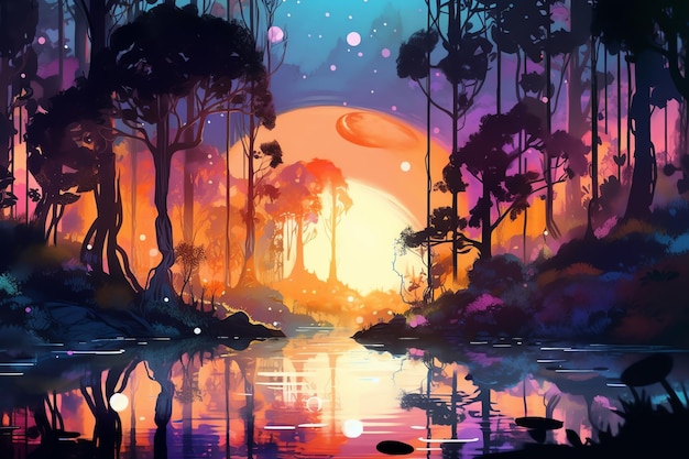 fantasy magical forest and lake illustration concept art