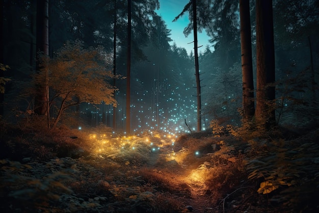 Фантастический волшебный лес со светящимися огнями Генеративный ИИ