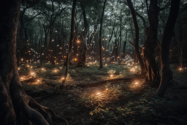 Fantasy magical forest with glowing lights Generative AI