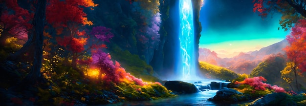 A fantasy magical forest with a glowing waterfall in banner format