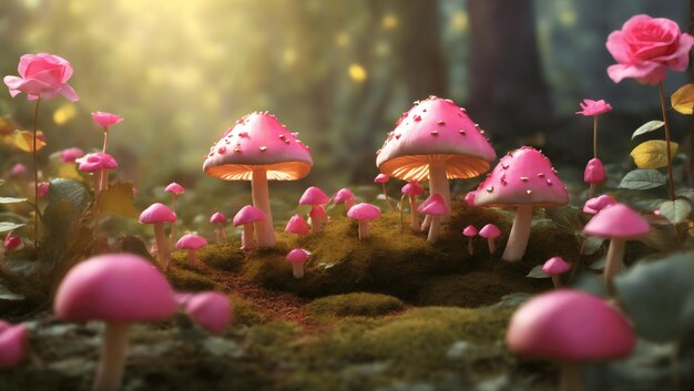 Fantasy magical Mushroom glade and Ladybugs in enchanted fairy tale dreamy elf Forest