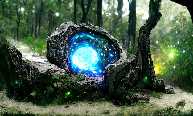 Fantasy Magical stone fairytale portal gate in the forest Round stone portal teleport in trees to other worlds Fantastic landscape Magic Altar in the forest 3d illustration