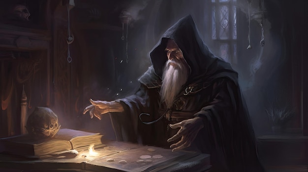 Fantasy Magician Wizard Black Robes Oil Painting Enchanting Sorcerer