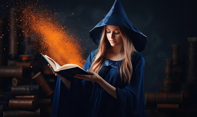 Fantasy magician woman in hood holds burning book aloft Creating using generative AI tools