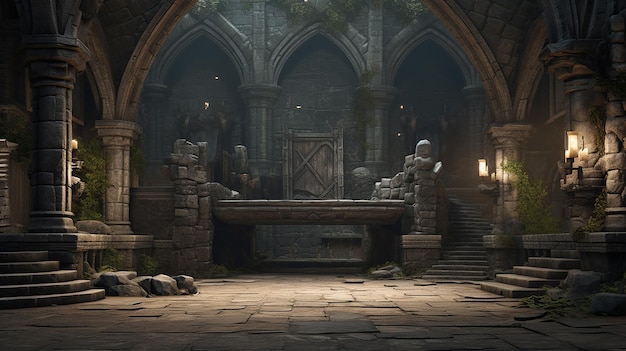 Fantasy medieval architectural interior Gloomy temple interior