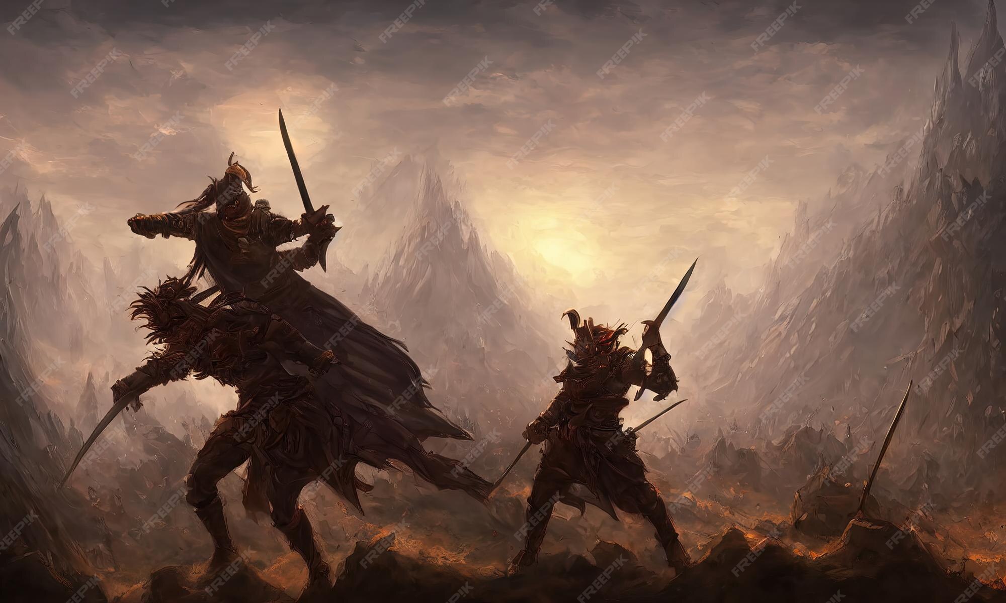 Premium Photo | Fantasy medieval battle of the warriors of good and evil  battlefield is on fire deadly battle of ice and flame 3d illustration