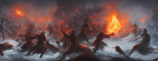 Fantasy medieval battle of the warriors of good and evil Battlefield is on fire deadly battle of ice and flame 3d illustration