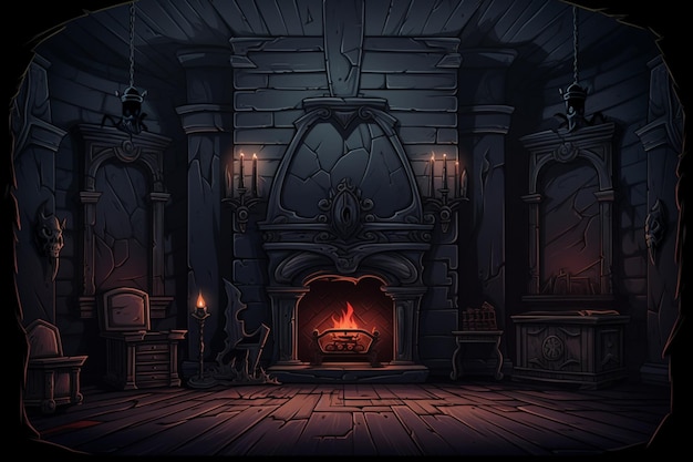 fantasy medieval castle with a fireplace and a throne