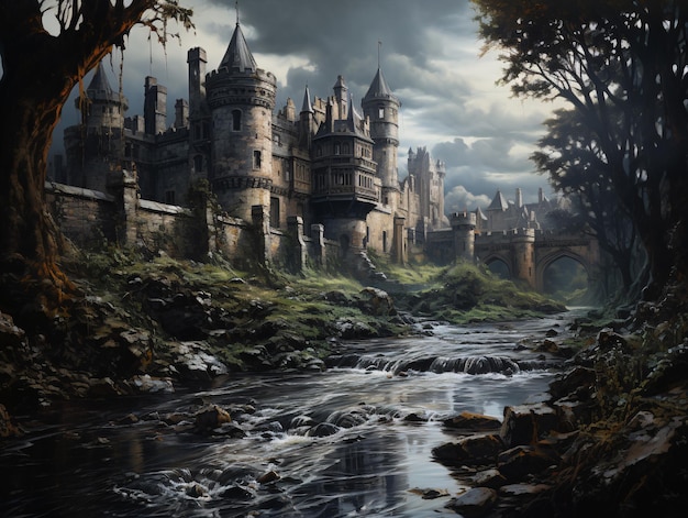 Fantasy medieval landscape village castle scene