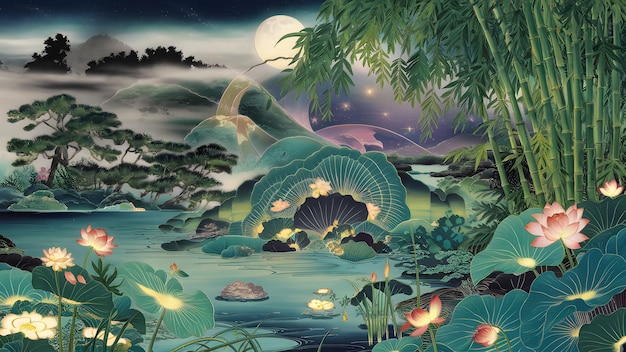 ファンタジー山と花の風景のイラスト