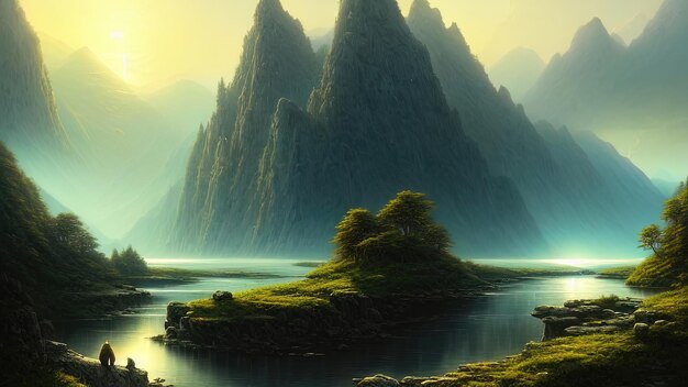 Fantasy mountain green landscape