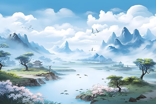 Fantasy of a mountain lake and a lake in the foreground Generated AI illustration