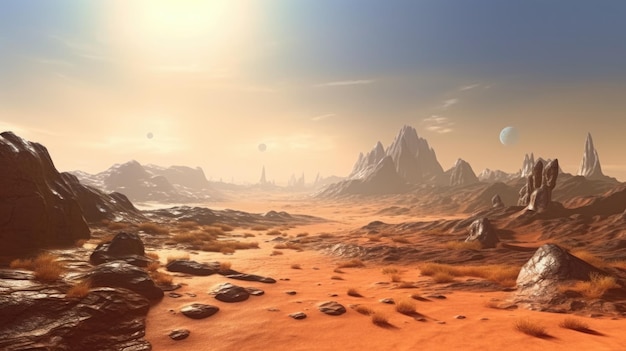 Фантастический горный пейзаж на космической чужой планете со звездным небом. Живописный генеративный ИИ