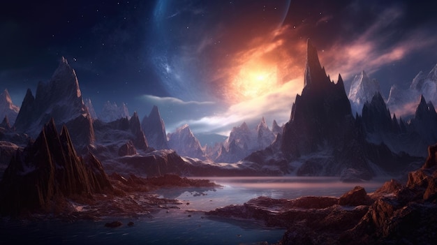 Fantasy mountain landscape on cosmic alien planet with starry sky Picturesque