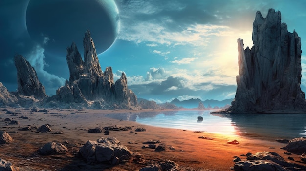 Fantasy mountain landscape on cosmic alien planet with starry sky Picturesque