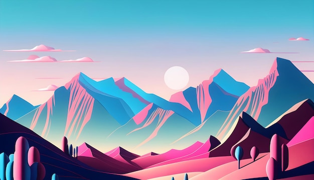 Fantasy mountain landscape illustration Pink mountains against the blue sky