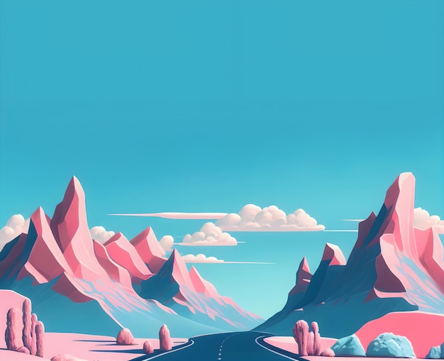 Fantasy mountain landscape illustration Pink mountains against the blue sky