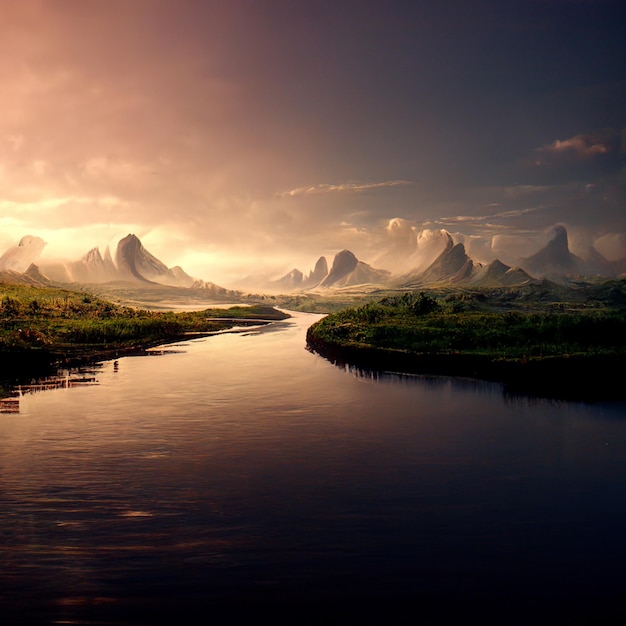 Фантастический горный пейзаж с туманным закатом и рекой 3D иллюстрация