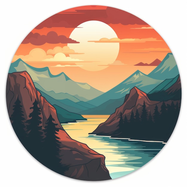 Fantasy Mountain Range Sticker With Romantic Riverscapes