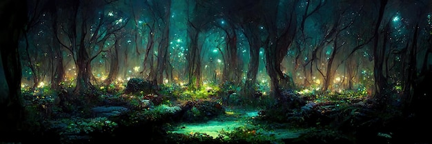 Фантастический грибной лес, деревья, природа, зачарованные. Пейзаж с грибами. 3D цифровая иллюстрация