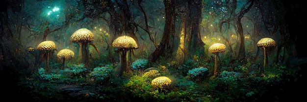 Fantasy mushroom forest, trees, nature, enchanted. mushrooms\
landscape. 3d digital illustration