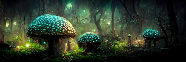 Fantasy mushroom forest, trees, nature, enchanted. Mushrooms landscape. 3D Digital Illustration