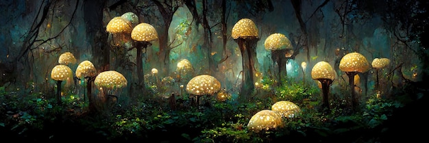 Fantasy mushroom forest, trees, nature, enchanted. mushrooms\
landscape. 3d digital illustration