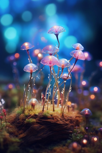 A fantasy mushroom garden with a blue background