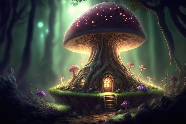 Fantasy mushroom house wallpaper in the forest