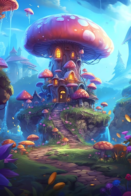 Fantasy mushroom house with a mushroom house on the bottom.