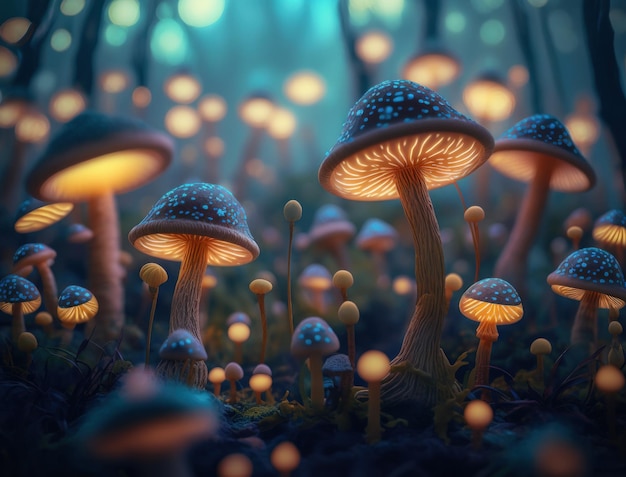 Generative AI 기술로 만들어진 숲 속의 판타지 버섯 풍경