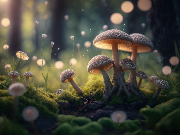 Fantasy mushroom landscape in the forest created with Generative AI technology