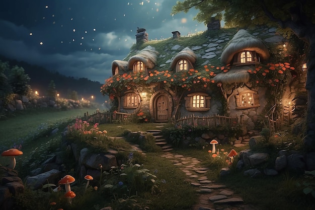 Fantasy mushroomlike house growing in magical forest