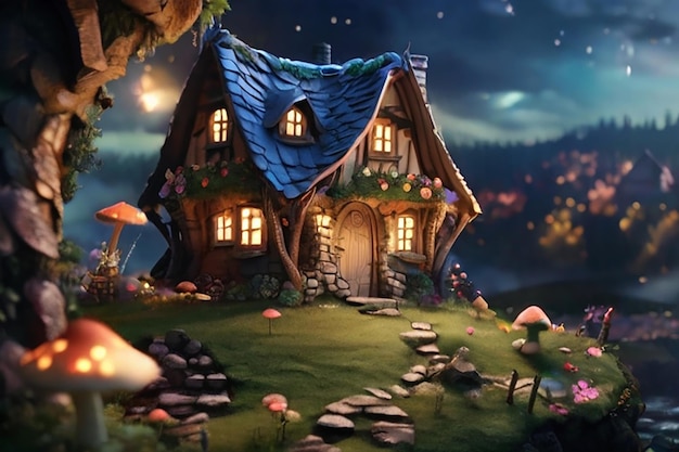 Fantasy mushroomlike house growing in magical forest