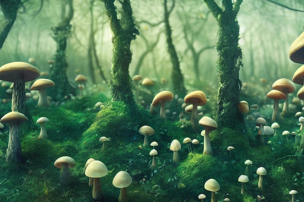 Fantasy mushrooms in magic forest 3D illustration