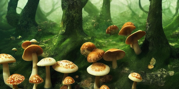 Fantasy mushrooms in magic forest 3D illustration