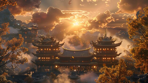 Photo fantasy mystical temple digital art style painting illustration