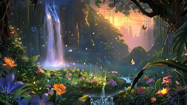 Photo fantasy mystical waterfall digital art style painting illustration