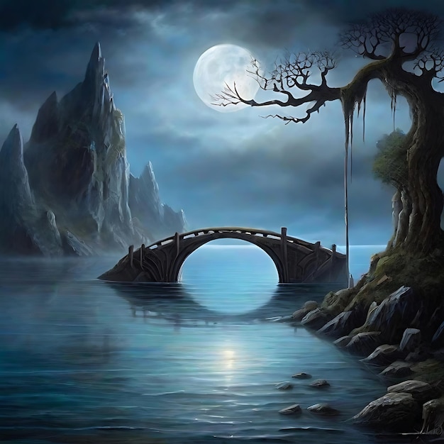 Photo fantasy mystisch see steg mond ai