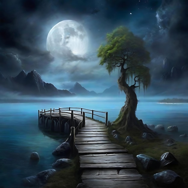 fantasy mystisch See Steg Mond AI