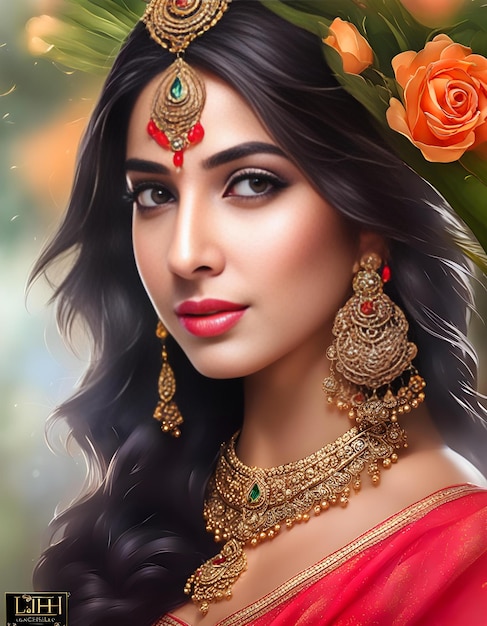 Fantasy Natural beautiful lady Shari beautify woman Indian Flower Frame Ai_Masterpiece