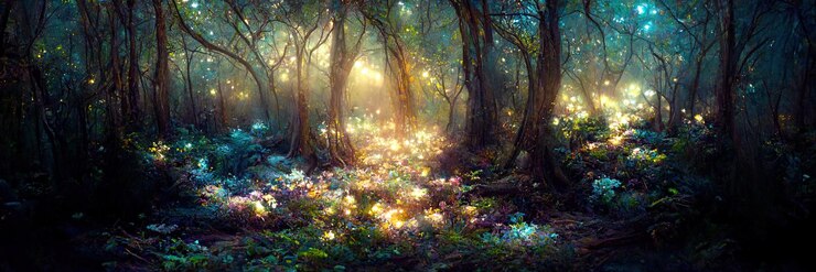 Фотография фэнтези природа подстилка, деревья, природа, зеленый, свет. лесной пейзаж. цифровая иллюстрация